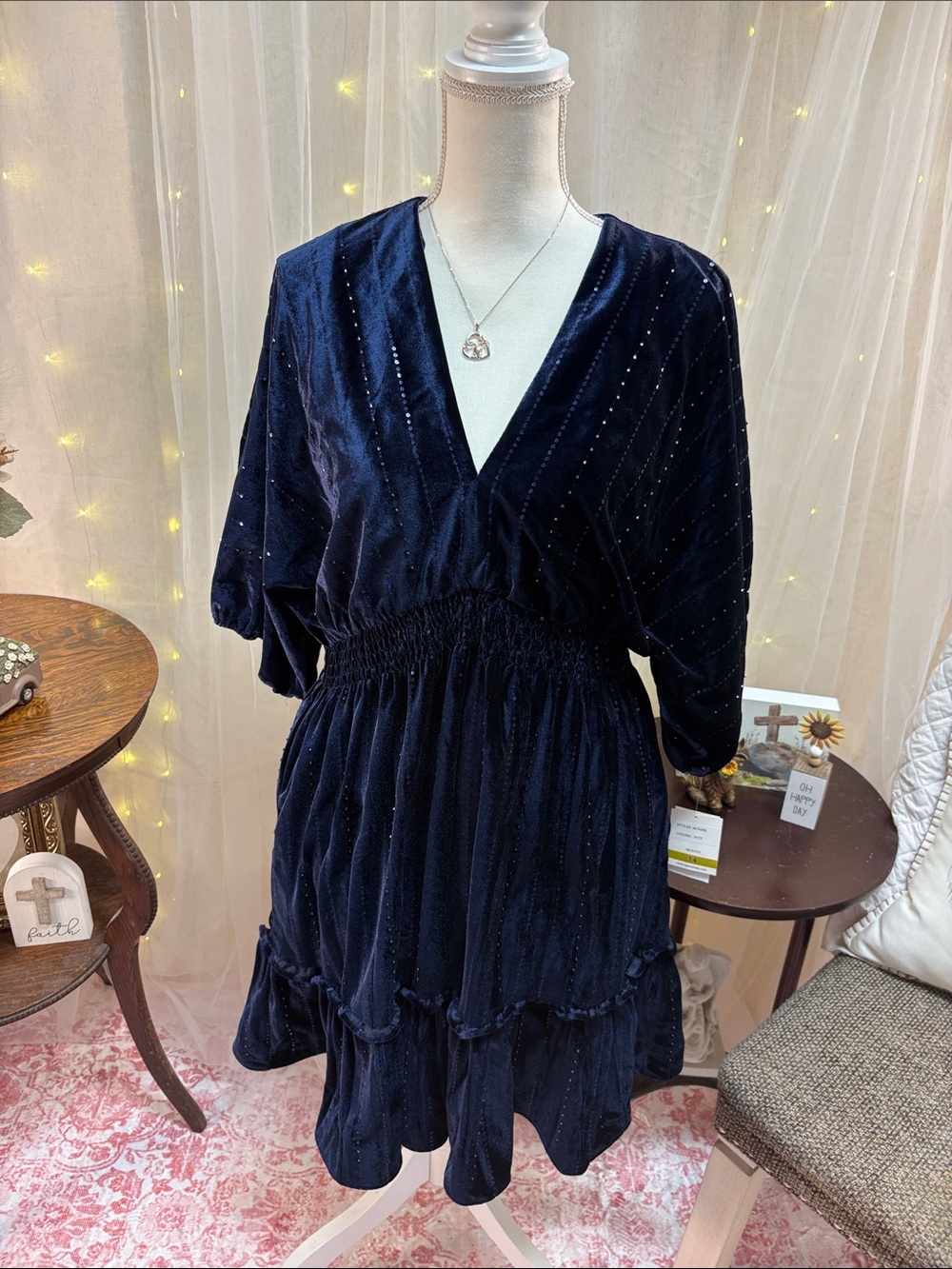 Navy Velvet V-Neck Smock Waist Dress